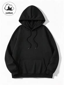 Women's Solid Color Long Sleeve Casual Drawstring Cotton Sweatshirt - Black - View 2