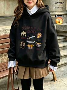 2026 Autumn/Winter Girls' Custom Loose Black Hooded Sweatshirt, Vintage Religious Style, Featuring Helmet, Shield, Sword Elements, And Letter Prints - Black - View 12