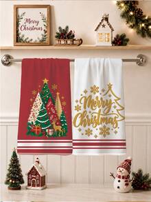 2PCS Kitchen Towels, Golden Deer Christmas Tree Pattern Dish Cloths, Pastoral Style 40*60cm Rectangular Microfiber Cleaning Towels, Perfect For Kitchen, Dining Room And Bathroom Use, Christmas Kitchen Decor, Home Decoration, Housewarming Gift For Neighbors, Scouring Pads Dish Cloths - Red - View 4