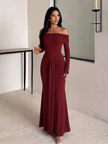 Autumn Solid Color Off-Shoulder Pleated Ribbon Dress, Women's Elegant Dress For Party, Wedding, Evening - Burgundy - View 5