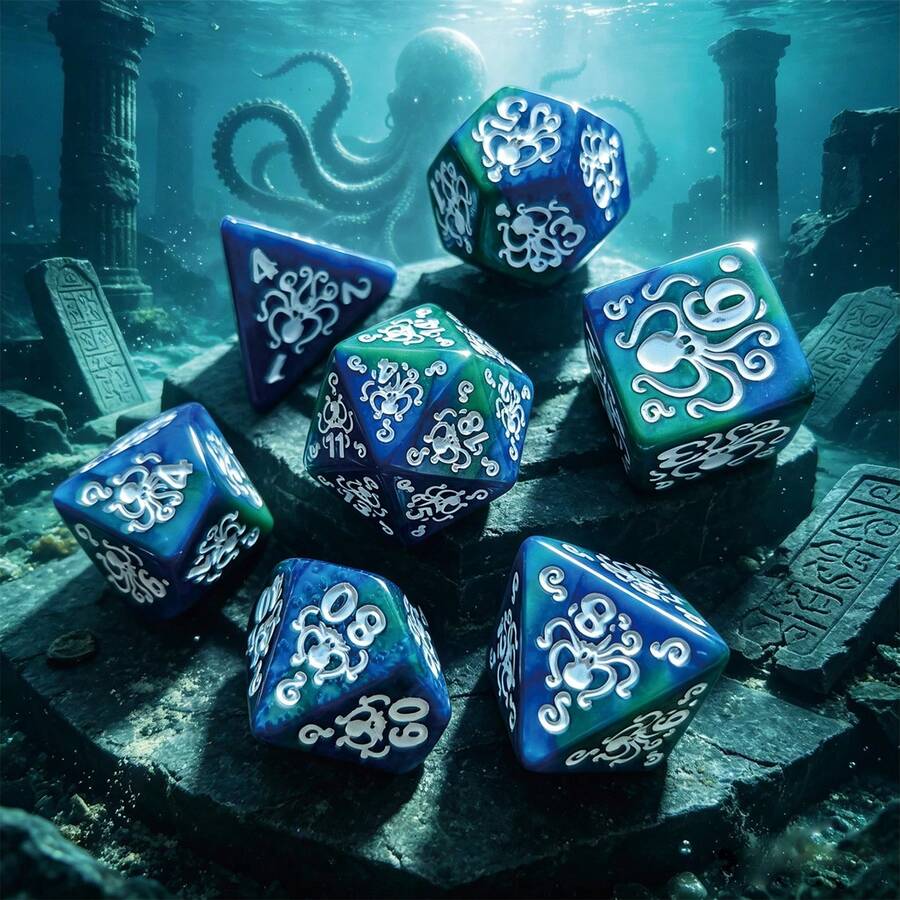 Octopus Embossed 7-Die Dice Set, Blue Green Deep Sea Mixed Color Polyhedral Dice For Table Games - Blue-green - View 1