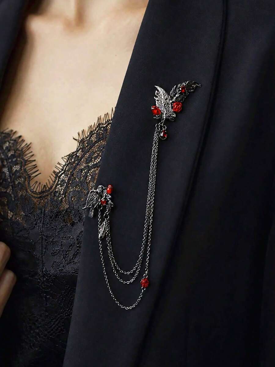 1pc Vintage Gothic Rose Flower Feather Decor Brooch, Fashion Versatile Accessory, Halloween Jewelry - Gun Black - View 1