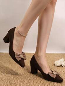 Women's Suede Pointed Toe Chunky Heel Pumps With Contrast Bow And Rhinestone Decor - Brown - View 1