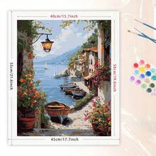 1pc Digital Oil Painting, Small Town Seaside Landscape, Adult Digital Oil Painting, Canvas Material, Home Decor Art DIY Gift, 40x50cm/16x20in, Frame Not Included - Sets - View 5