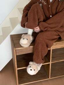 XIXITIAO Cute Big Eye Bear Soft Sole House Shoes, Warm Fuzzy Couple Slippers For Indoor Home Use - Apricot - View 6