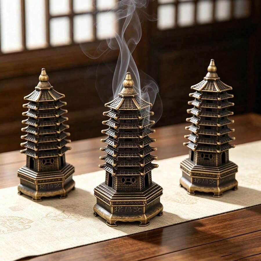 3pcs Wenchang Pagoda Incense Burner, Mini Pagoda Cone Incense Burner, Double Ear Incense Burner, Tai Chi Incense Burner, Lotus Incense Burner, Metal Aromatherapy Burner Ornament, Suitable For Home Office Desktop Meditation Decoration