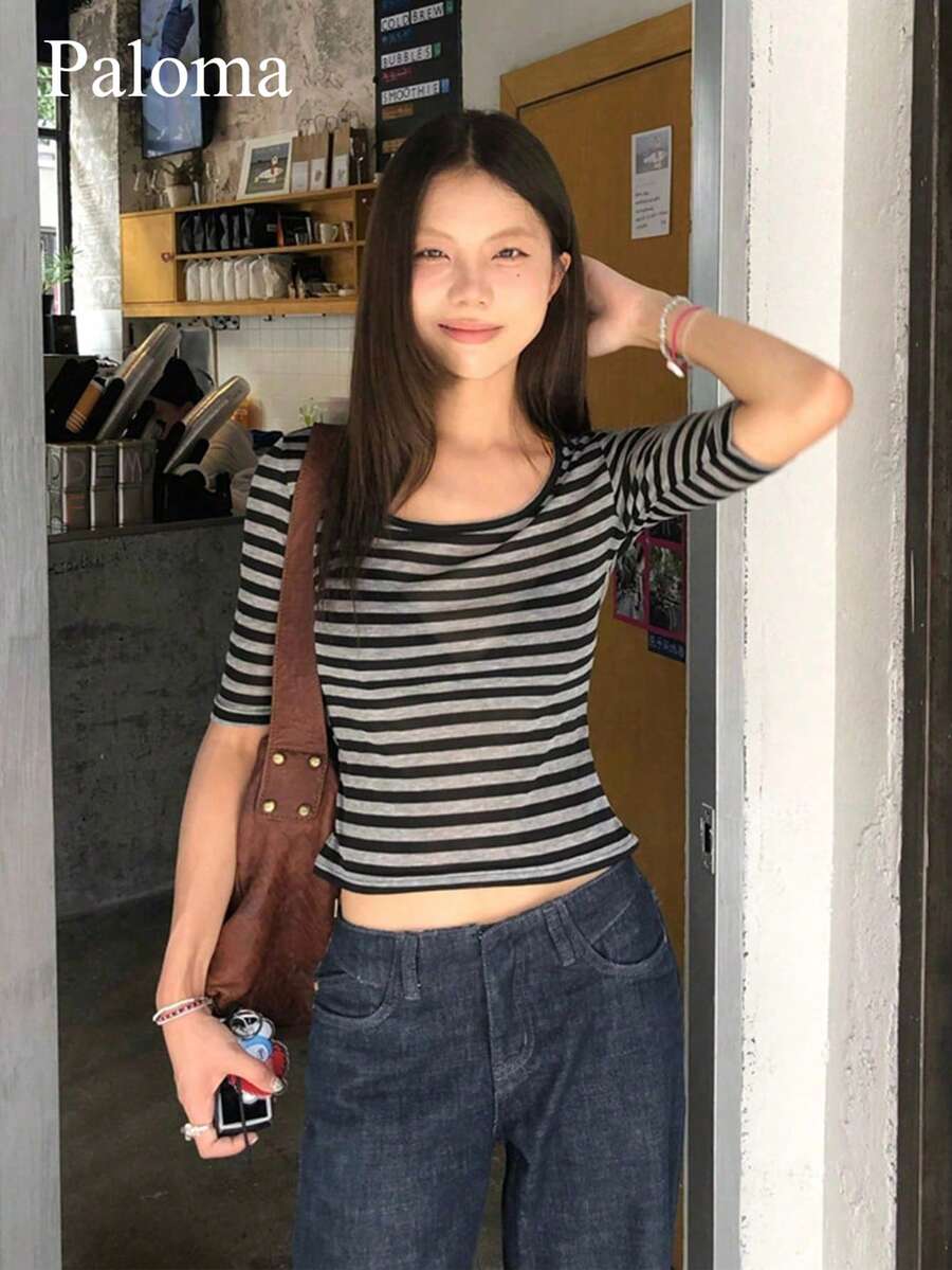 撞色条纹修身中袖T恤,女士夏季百搭休闲打底衫 - 灰色 - 查看 1
