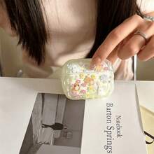 Light Yellow Green Floral & Cute Animal Earphone Case, Pink Round Ring Buckle, Full Print Colorful Flowers & Soft Puppy & Lamb Pattern, Wavy Edge Transparent Soft Shell, TPU Material Clear & Translucent, Gentle & Delicate Pattern Colors, Firm Printing Resistant To Wear, Fits Earphone Contour, Precise Charging Port, Easy Open/Close, Side Hanging Hole, Conveniently Hang On Bag With Round Ring, Prevent Loss - Light Yellow - View 4