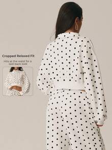 Women's Polka Dot 1/4 Zip Stand Collar Drop Shoulder Long Sleeve Cropped Sweatshirt, Ribbed Hem, Casual Fitness Jacket - Beige - View 2