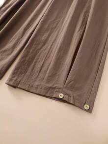 Autumn Women's Vintage Elegant Minimalist Casual College V-Neck Side Button Asymmetrical Hem Loose Long Sleeve Top Wide Leg Wooden Button Pants Two Pieces Set, Commute Office School Tea Party Button Decor Asymmetrical Hem Design Top Wide Leg Pants Long Sleeve Set, Holiday Vacation Outing Versatile Two Pieces Set, Brown, Classic, All-Match, Country, Vacation, Casual Sets For Women - Brown - View 11