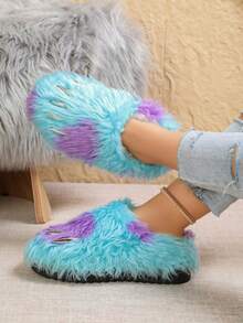 Women's Solid Color Platform Thick Sole Closed Toe Slippers, Thermal Lined Slip-On Bread Shoes, Bohemian Style Indoor/Outdoor Slippers For Autumn/Winter - Blue - View 5