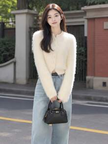 Alicedudu Casual Solid Color Fluffy Round Neck Cardigan,Long Sleeve Tops - Beige - View 1