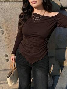 Auveirra Plus Size Women Brown Solid Asymmetric Hem Ruched Shoulder Long Sleeve Fitted Fashionable T-Shirt/Winter Casual - Brown - View 4