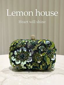 1pc Emerald Green Sequin Embroidered Beaded Decor Small Handbag, Metal Chain Crossbody Clutch, Elegant Formal Evening Bag, Suitable For Parties, Weddings, Formal Occasions, Great Gift For Women - Dark Green - View 2