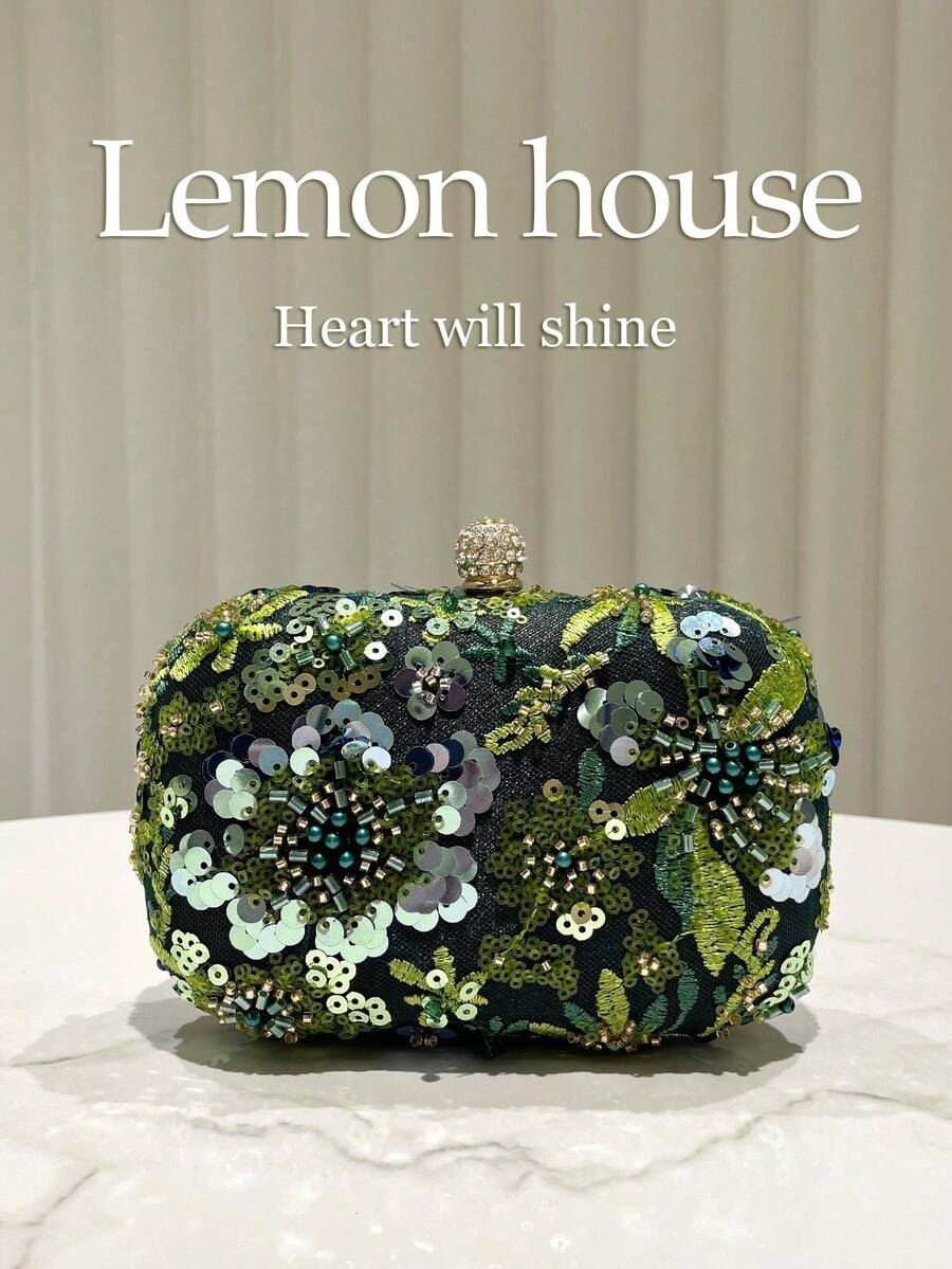 1pc Emerald Green Sequin Embroidered Beaded Decor Small Handbag, Metal Chain Crossbody Clutch, Elegant Formal Evening Bag, Suitable For Parties, Weddings, Formal Occasions, Great Gift For Women