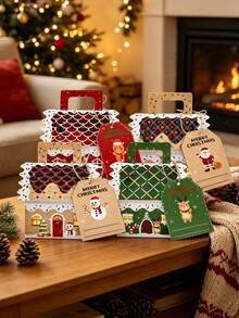 48/24/3pcs Christmas House Design Candy Boxes, Gingerbread House Snack Kraft Paper Packaging Box Set, Christmas Gift Box, Red, Beige, Green Set, Christmas Decoration, Christmas Pajamas, Christmas Gift - One Size Fits All - View 3