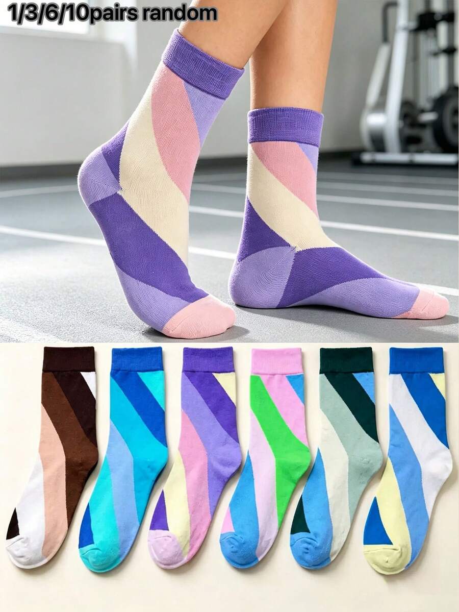 6 Pairs Geometric Color Block Diagonal Stripe Mid-Calf Socks, Unisex All-Season Sports Versatile Socks - Multicolor - View 1