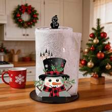 2D Flat Christmas Snowman With Top Hat, Red & Black Plaid Scarf And Castle Print Paper Towel Holder, Acrylic Material Vertical Roll Paper Storage Rack, Kitchen & Dining Table Decor, Easy Installation, Suitable For Christmas Party - Multicolor - View 3