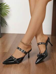 Women's One-Strap Summer Outdoor Slip-On Sandals Anti-Slip Pointed Toe High Heel Thin Heel Rivet Closed Toe Sandals - Black - View 2