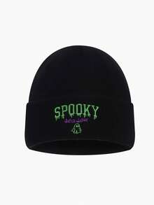 1pc Or 2pcs Women's Embroidered Letter SPOOKY Ghost Knit Beanie Hat, Brimless Cap, Suitable For Halloween, Autumn/Winter Warmth, Daily Wear And Outfits - A - View 2