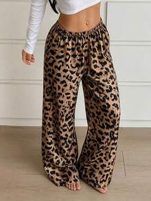 Women's Leopard Print Wide Leg Pajama Pants, Elastic Waist, Loose Drape Home Pants, Casual Wear For Outings, Holiday Gift Choice - Brown - View 2
