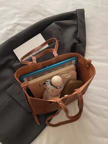 1pc Solid Color PU Commuter Shopping Large Capacity Minimalist Exquisite Versatile Casual Daily Modern Style Tote Bag - Brown - View 4