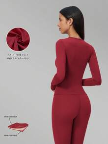 MFVIM Women's Autumn/Winter New Solid Color Long Sleeve + Long Pants 2 Pieces Yoga Sports Pilates Set - Cherry Red - View 4