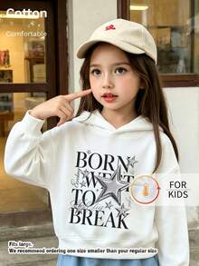 سويت شيرت للأطفال بقلنسوة، مطبوع عليه "Born To Break" مع رسمة نجمة فضية وحروف، سميك ومبطن بالصوف، بلوزة للأطفال - أبيض - مشاهدة 3