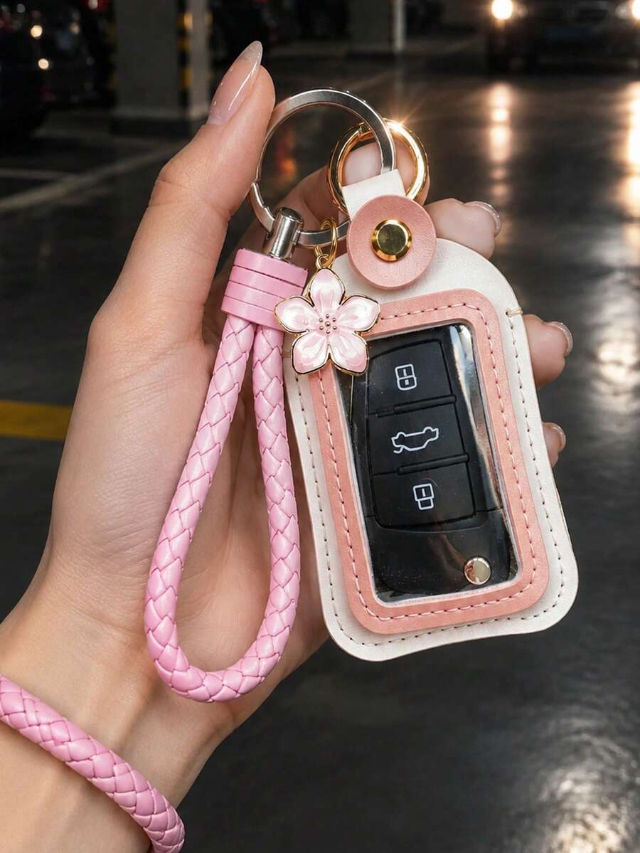 PU材質鑰匙圈套組 手持鑰匙包附櫻花吊飾 汽車鑰匙保護套 皮革車鑰匙保護殼 鑰匙鏈吊飾 有效防止刮傷磨損與撞擊 通用PU汽車鑰匙保護套 遙控鑰匙保護套 適用於多款汽車鑰匙 - 彩色 - 查看 1