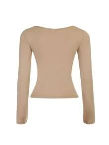 Autumn Contrast Color Lace Trim Patchwork Long Sleeve Top, Casual Basic Tank Top For Daily Wear, Dating, Party - Khaki - View 7