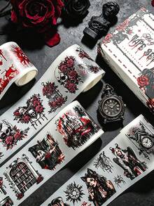4 Rolls/Box Pre-Cut Dark Gothic Halloween Themed Washi Tape Set, Matte PET Sticker Rolls, Scrapbooking DIY Manual Craft Materials - Raven Night - View 5