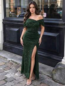Women Plus Size Off‑Shoulder Glitter Ruched Mermaid Maxi Dress High Slit Date Night Girls Gathering Night Out Weekend Soiree Holiday Vibe Outfit - Green - View 1