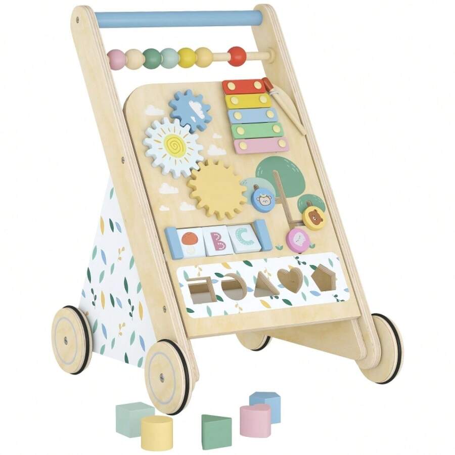 Wooden Baby Walker With Wheels, Adjustable Speed, Building Blocks For Toddlers 18 Months And Up. - 1 - View 1
