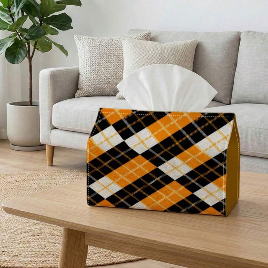 1pc Vintage Tissue Box, Retro Orange Plaid - Geometric Square Pattern, Durable Polyester, Perfect For Kitchen, Living Room, Bedroom, Bathroom, Car - Bathroom Decor | Fun Design | Durable Polyester, Tissue Box