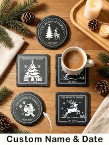 Personalized Christmas Slate Coasters, Custom Family Name & Date Natural Black Stone Drink Coaster, Cup Mats With Reindeer Christmas Tree Santa Design, Heat Resistant For Dining Table Holiday Decor Xmas Housewarming Family Keepsake Gift - Multicolor - View 1