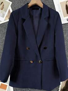 Spring/Summer Women's Solid Color Long Sleeve Double-Breasted Blazer, Notch Lapel | Suitable For Dates, Parties, Outings And Holiday Celebrations - Navy - View 3