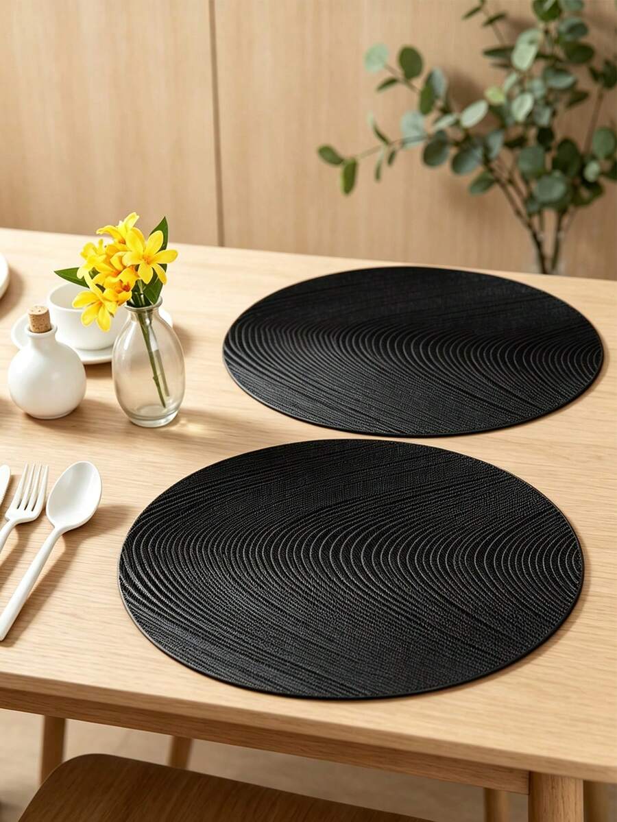 Placemat And Coaster Set 2/4/6 Pieces, PVC Material, Suitable For Kitchen Dining Table, Indoor/Outdoor Use, Washable, Heat Resistant, Easy To Clean, Ideal For Camping, Holidays, Weddings, Parties And More - Black - View 1