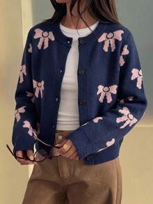 Teen Girls Deep Blue All-Over Print Bow Round Neck Cardigan, Spring/Autumn Short Loose Single-Breasted Casual Knit Top - Blue - View 2