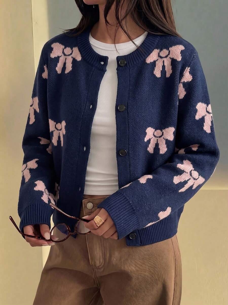 Teen Girls Deep Blue All-Over Print Bow Round Neck Cardigan, Spring/Autumn Short Loose Single-Breasted Casual Knit Top - Blue - View 1
