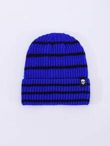 1pc Men's Fashion Striped Colorblock Skull Woven Label Knit Beanie Hat, Brimless, Suitable For Autumn/Winter Warmth, Daily Wear And Outfits - A - View 6