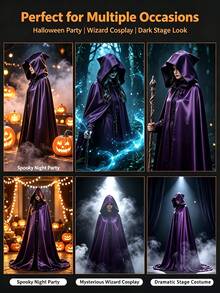 Deep Purple Long Hooded Cape, Halloween Witch Cosplay Cloak - With Oversized Hood Halloween Ghost Cosplay Costume Cape, Perfect For Stage Performance, Cosplay, Christmas Gift, Perfect Gift For Family - Dark Purple - View 4