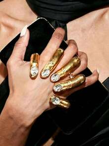 1pc Exaggerated Style Metal Inlaid Rhinestone Hand-Grip Fidget Ring Halloween Hand Accessory - Gold 2 - View 1