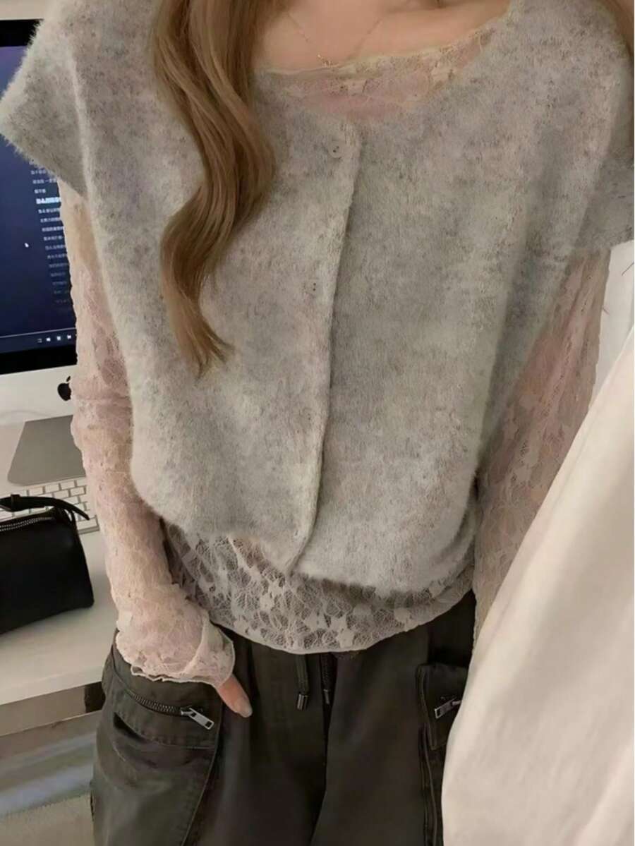 New Women's Spring/Autumn Asymmetrical Knit Short Sleeve Cardigan With 4-Way Stretch Flared Sleeves And Lace Camisole 2 Pieces Set - Grey - View 1