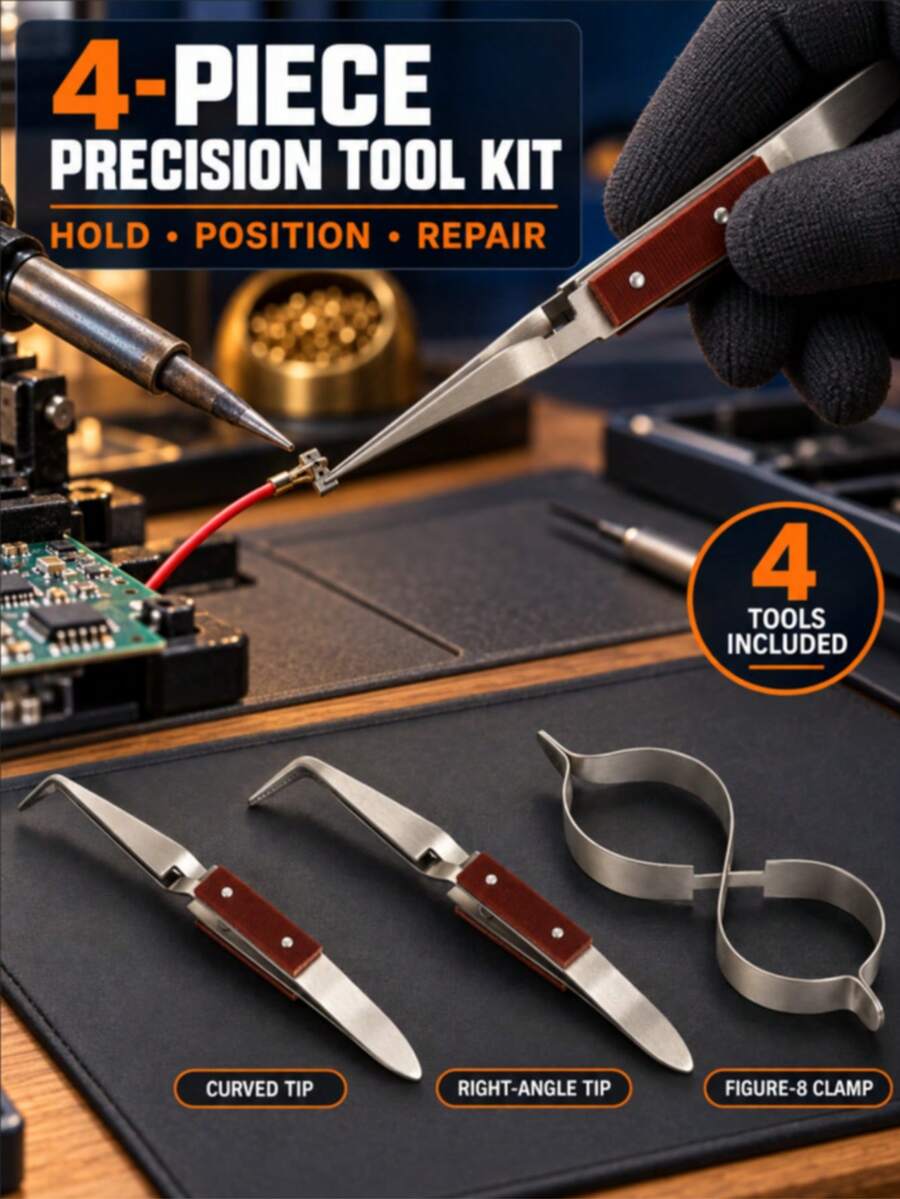 4-Piece Self-Closing Cross-Lock Tweezers Kit With Straight Curved Angled Tips And Figure-8 Holder For Craft Repair - Size - View 1