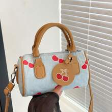 Women's Denim Bucket Handbag, Cherry & Butterfly Print Mini Boston Bag, Detachable Crossbody Strap, Cute Everyday Shoulder Bag - Multicolor - View 7