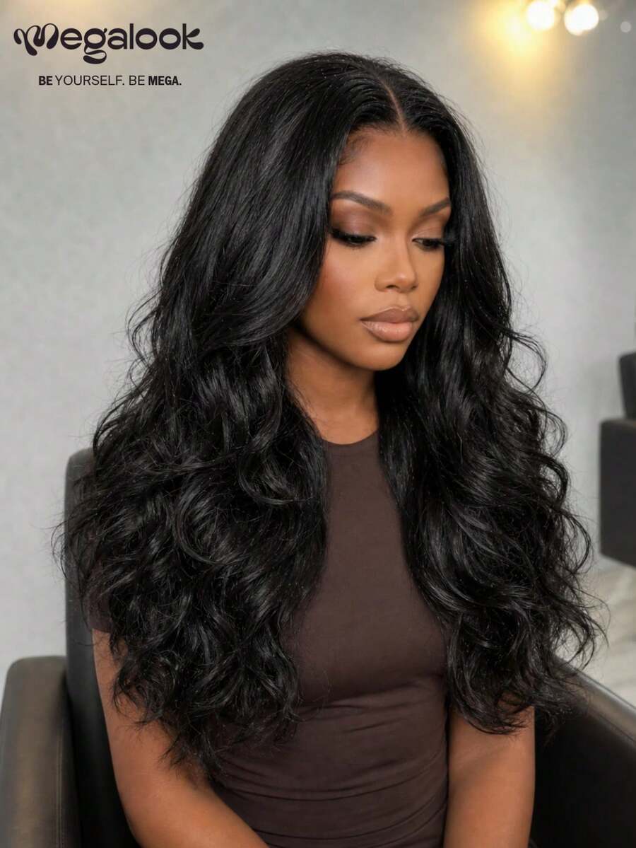 MEGALOOK Kinky Body Wave 13x6 Lace Front Wigs 100% Human Hair Natural Black Transparent Lace 200% Density Pre Plucked Natural Hairline Pre Bleached Knots With Drawstring Beginner Friendly
