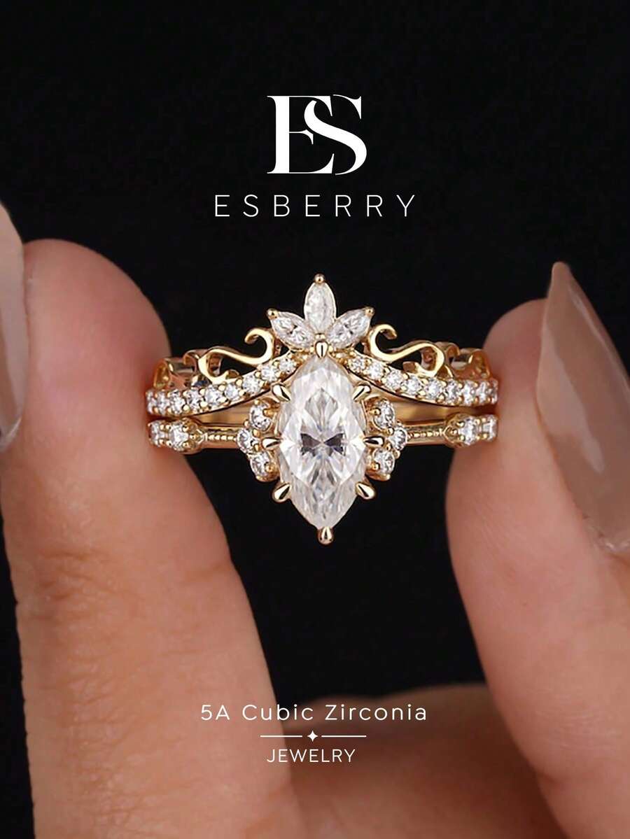 ESBERRY 2pcs High Gloss Cubic Zirconia Teardrop Decor Wedding Rings, Women's Valentine's Day Gift, Engagement Bride Jewelry
