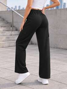 Women's Black Cargo Pants With Drawstring Elastic Waist, Wide Leg, Zipper And Flap Pockets, Casual Sport Style - Black - View 5