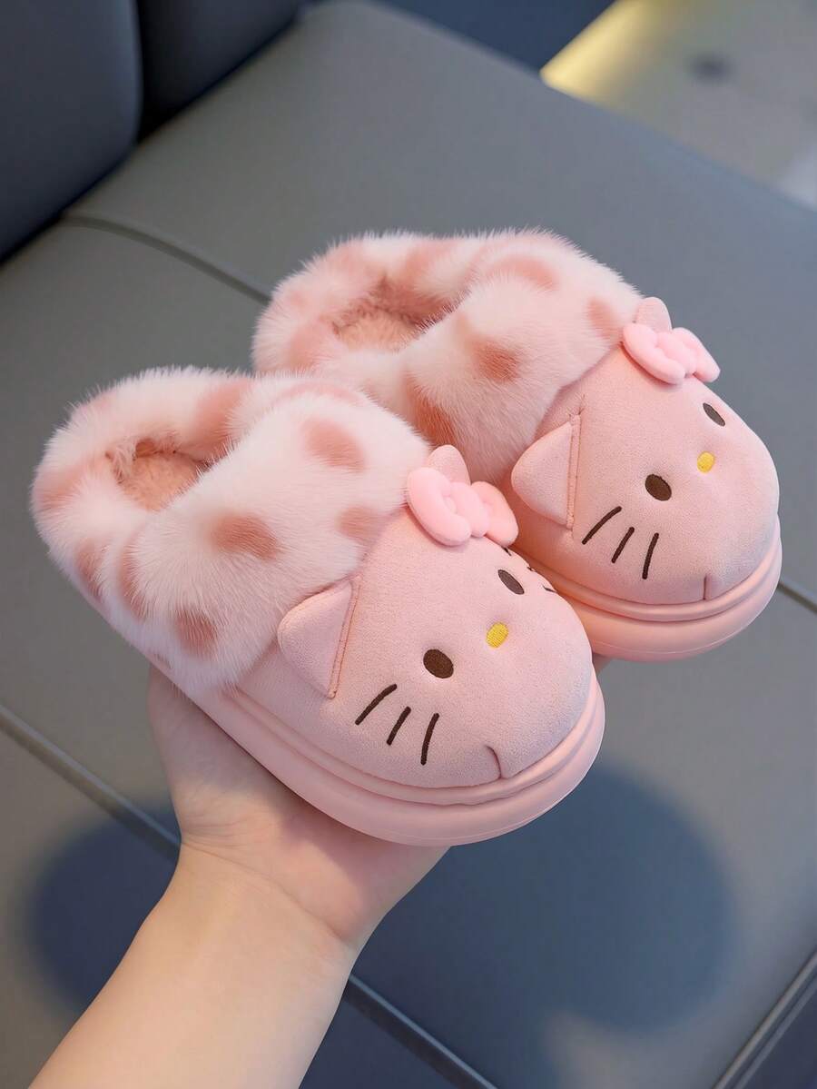 Hello Kitty 卡通貓咪設計女款毛絨豹紋一腳蹬舒適平底室內拖鞋