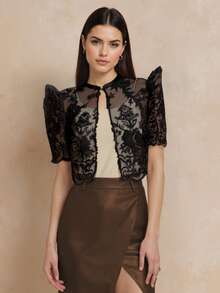 Modern Filipino Style Butterfly Sleeve Women's Spring/Summer Lace Puff Short Sleeve Cropped Cardigan Polo Shirt - Black - View 4